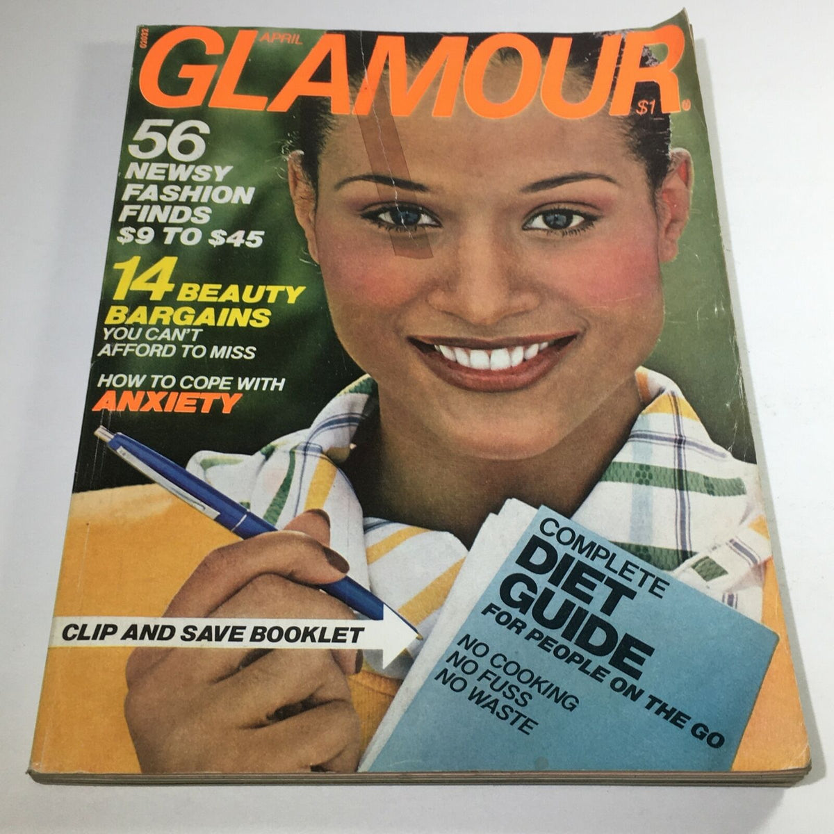 Glamour Magazine - April 1976 featuring Beverly Johnson on the cover, showcasing vibrant fashion headlines and beauty tips, representing iconic 1970s culture.