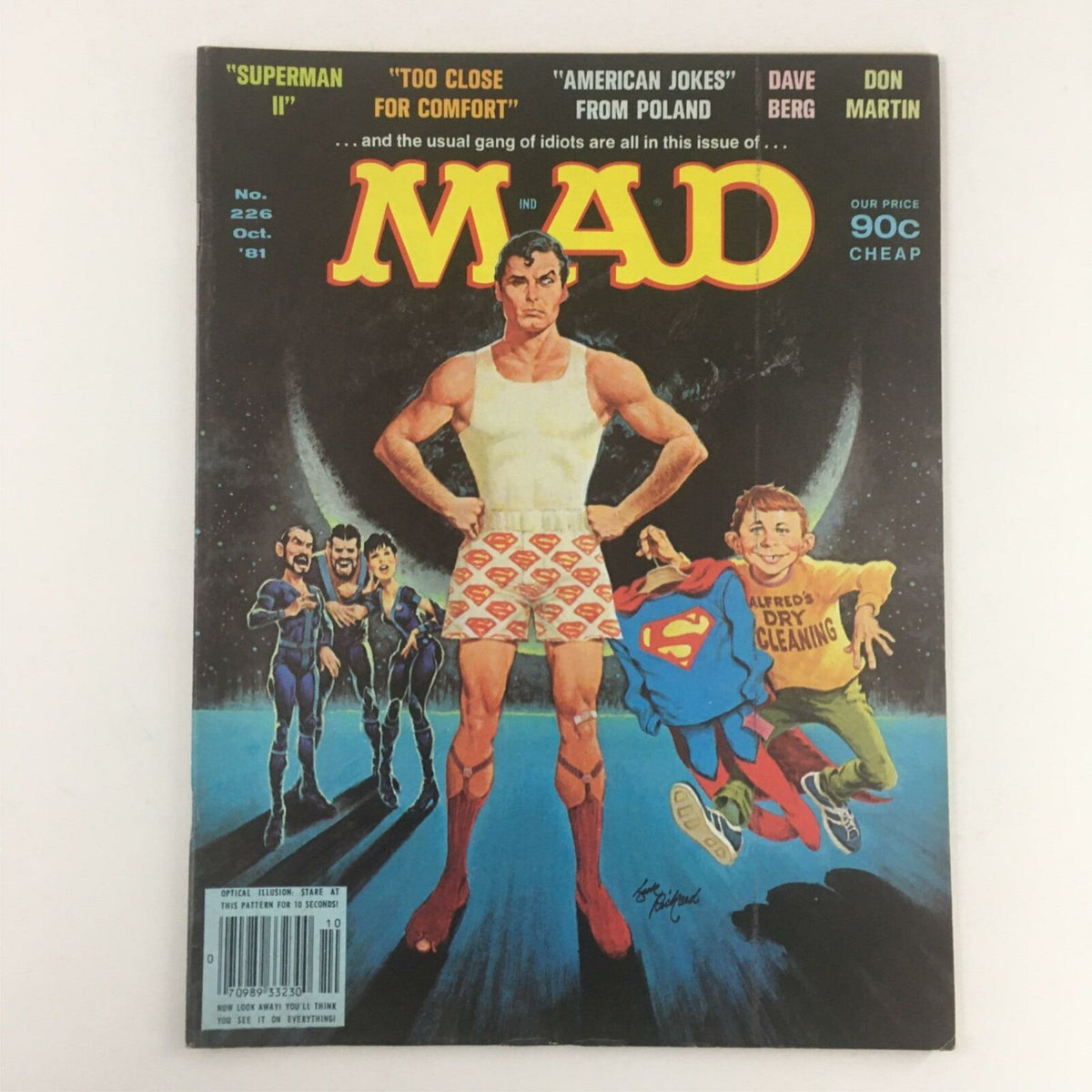 Mad Magazine October 1981 No. 226 featuring Superman II. The cover displays a humorous illustration of Superman in quirky shorts, accompanied by characters in the background and playful taglines. A collectible vintage magazine in Fine FN 6.0 condition.