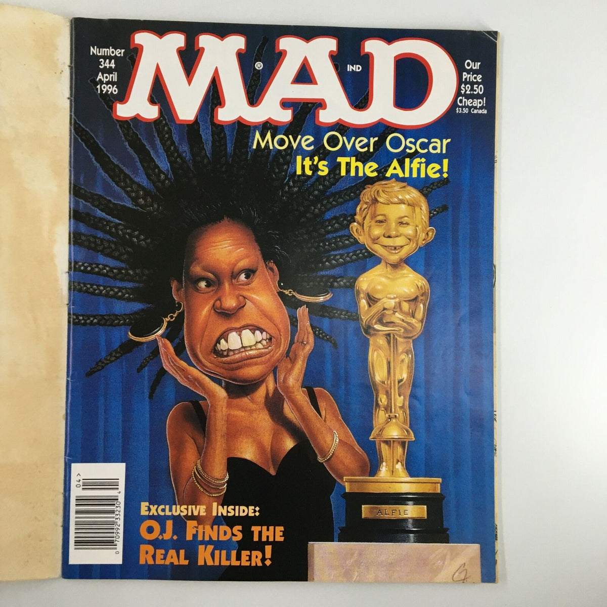 Cover of Mad Magazine April 1996 No. 344, featuring a satirical illustration of Whoopi Goldberg with the tagline 'Move Over Oscar' and a caricature of a golden Oscar statuette, showcasing the magazine's iconic humor.