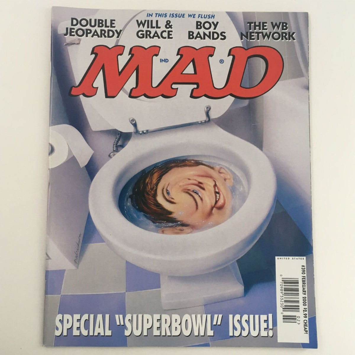 Cover of Mad Magazine February 2000 No. 390 Special Superbowl Issue featuring humorous illustrations related to the Superbowl.