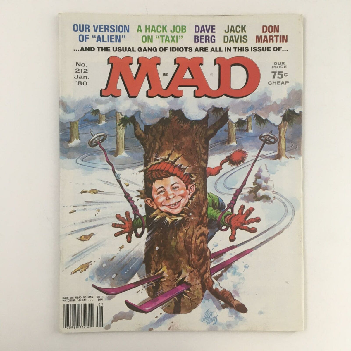 Mad Magazine January 1980 No. 212 cover featuring a humorous illustration with a character skiing into a tree, captioned "Our Version of Alien" - collectible vintage magazine in Fine FN 6.0 condition.