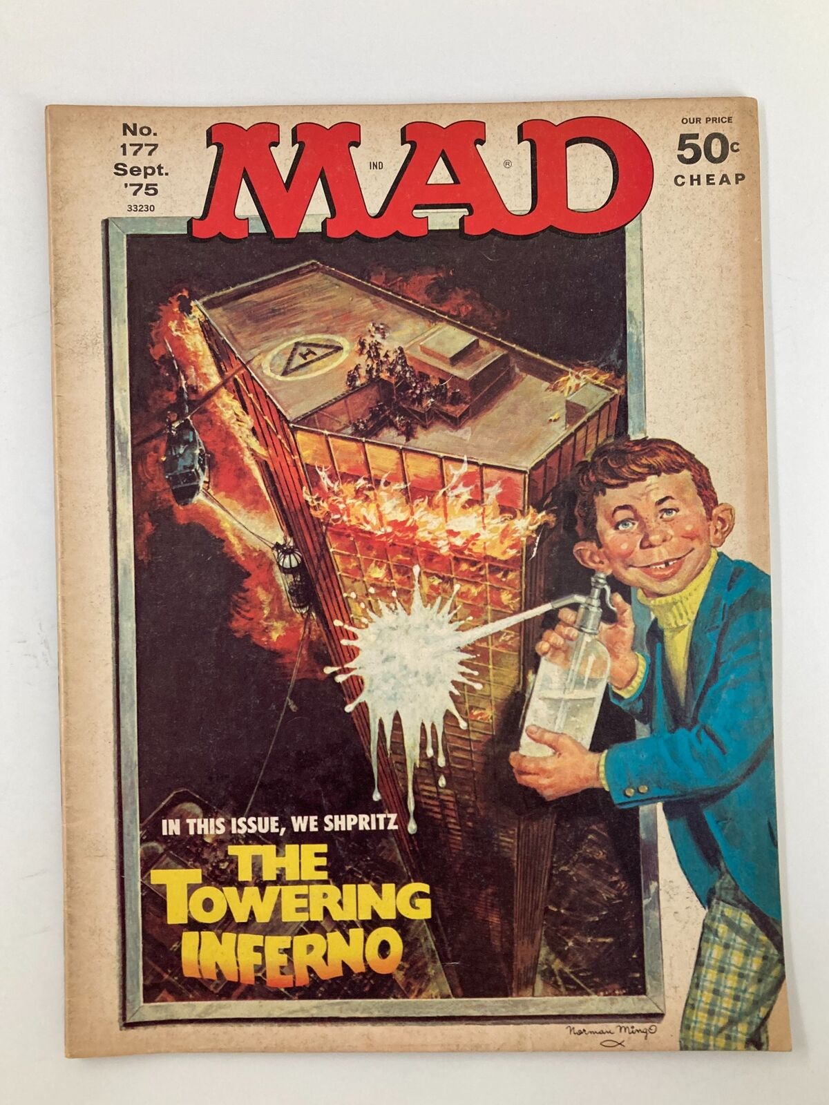 Cover of Mad Magazine September 1975 No. 177 featuring a parody of The Towering Inferno with vibrant artwork and a unique comedic twist, reflecting the humor of its era.