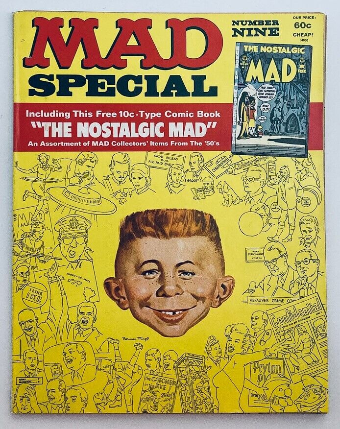 Cover of Mad Super Special Magazine No. 9 from 1972 featuring iconic artwork and humor illustrations, highlighting nostalgic elements including a large illustration of a character with exaggerated features and a yellow background.