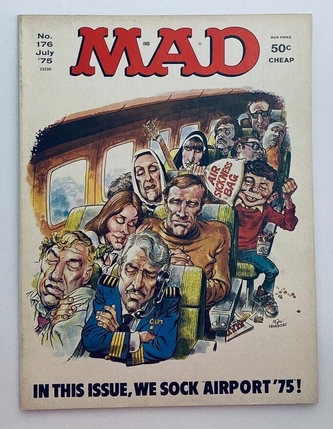Cover of Mad Magazine July 1975, Issue No. 176 featuring the Airplot movie satire, showcasing characters on an airplane with humorous expressions and a vibrant illustration style.
