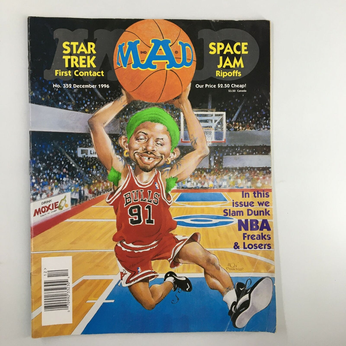 Mad Magazine December 1996 No. 352 featuring a caricature of Dennis Rodman on the cover, showcasing the humor and pop culture essence of the mid-1990s, with basketball elements in the background.
