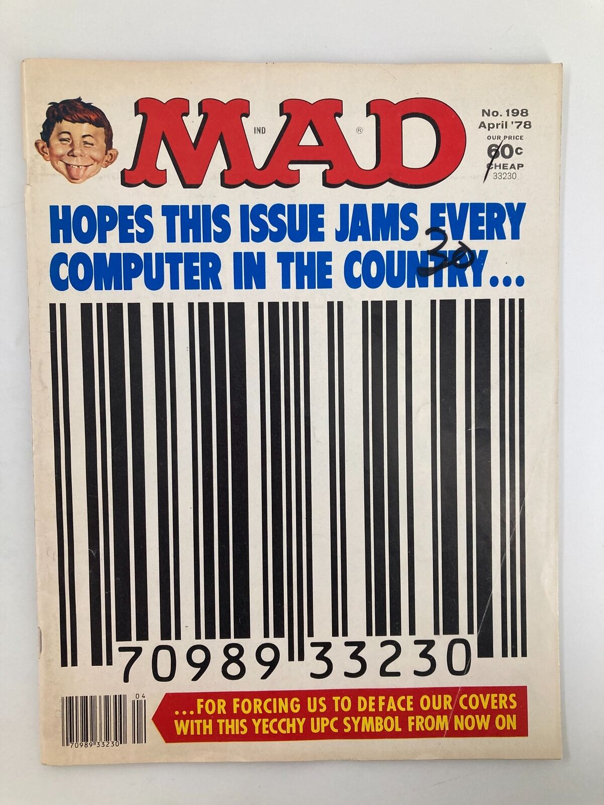 Cover of Mad Magazine April 1978 No. 198 featuring a UPC symbol with satirical text. This vintage magazine captures the essence of 1970s humor, showcasing humorous illustrations and cultural commentary.