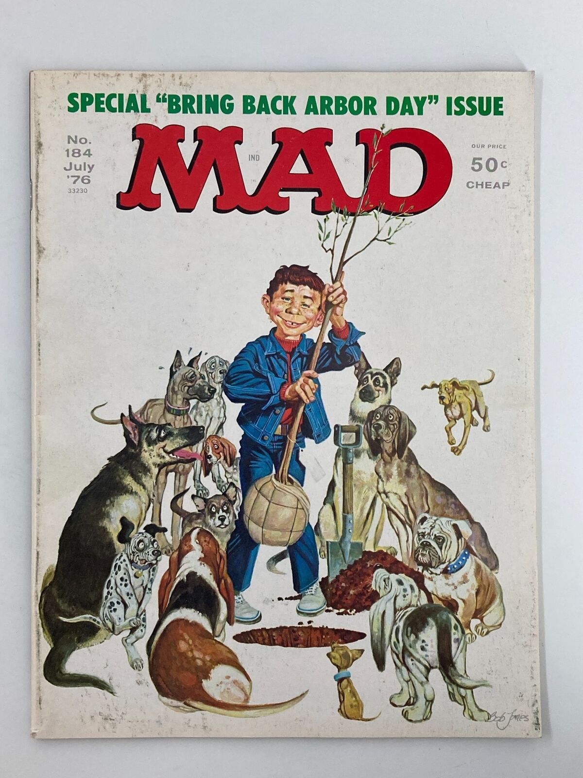 Vintage Mad Magazine July 1976 No. 184, titled 'Bring Back Arbor Day,' featuring an illustration of a boy with a stick and several playful dogs, exemplifying 1970s humor and culture.