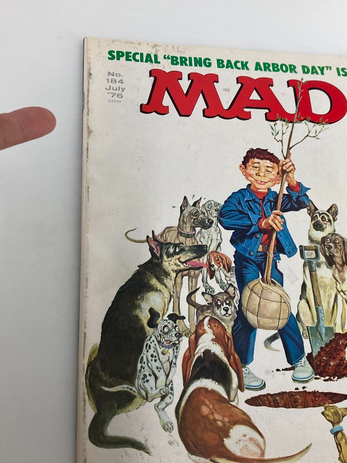 Cover of Mad Magazine July 1976 No. 184 titled 'Bring Back Arbor Day' featuring a character surrounded by dogs, illustrating humor from the 1970s.