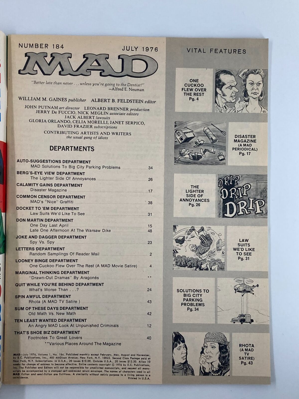 Interior page of Mad Magazine July 1976 No. 184 displaying the magazine's departments and vital features, showcasing classic humor.