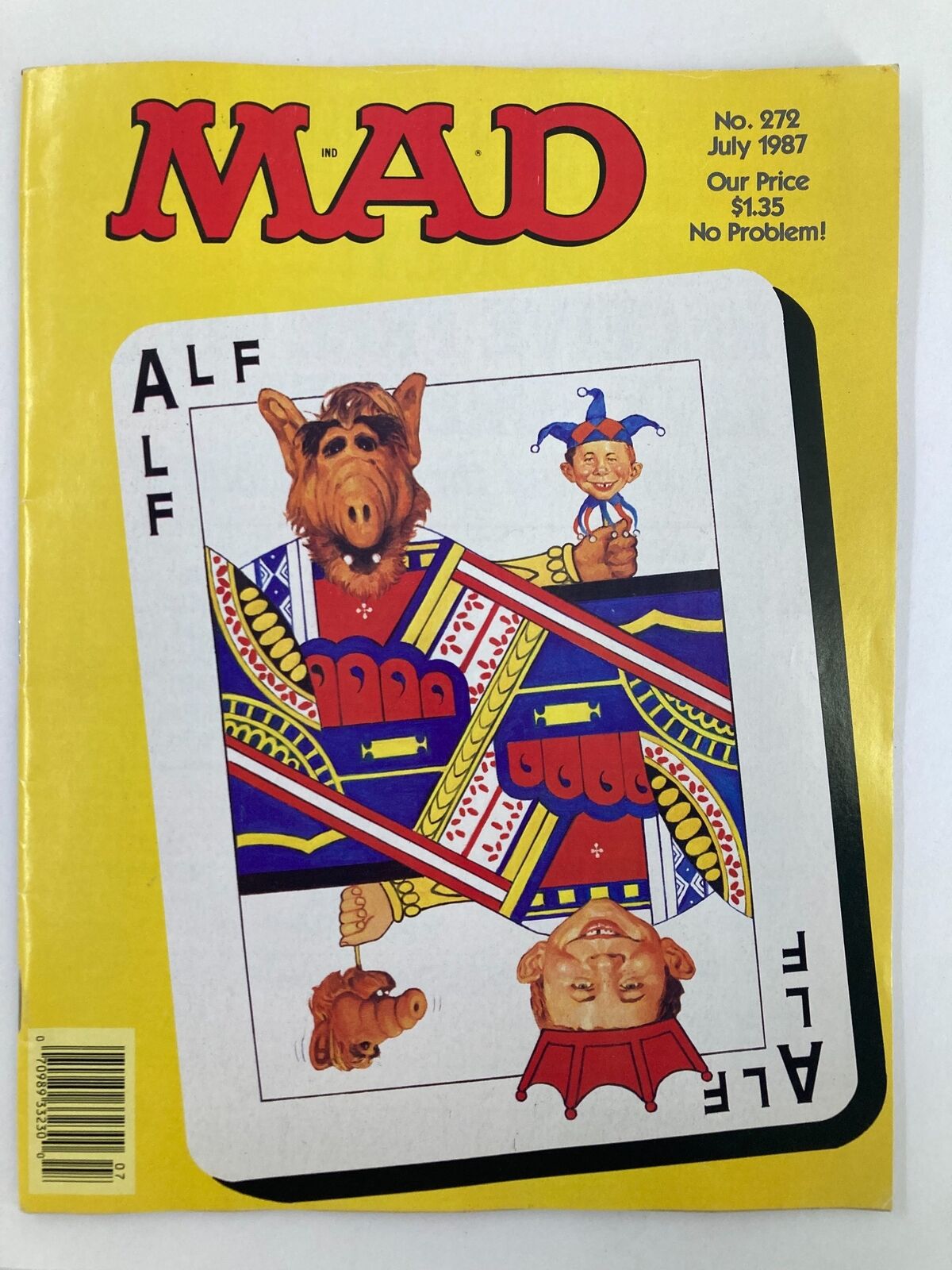 Cover of VTG Mad Magazine July 1987 No. 272 featuring humorous illustrations with ALF and characters in a playing card design. This vintage magazine is in Very Good condition and is a collectible item for fans of Mad Magazine and 1980s pop culture.