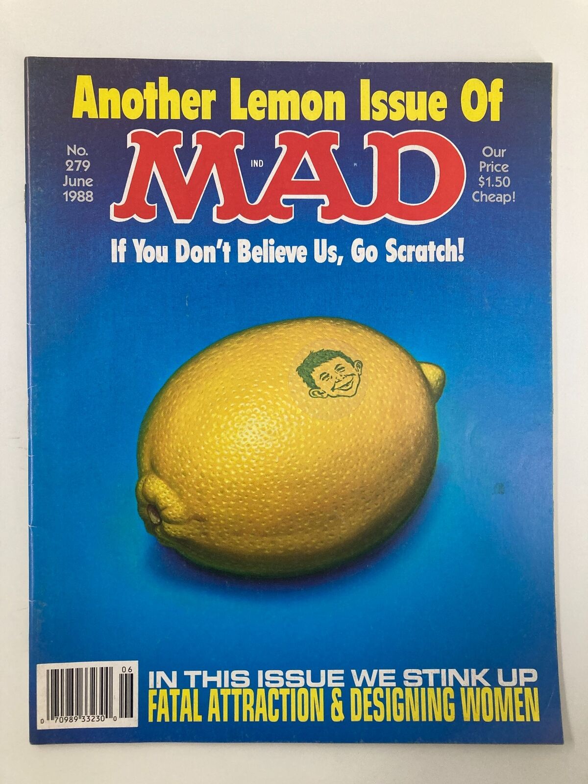 Mad Magazine June 1988 No. 279 Another Lemon Issue featuring a vibrant cover with a yellow lemon and humorous text. This collectible magazine is ideal for vintage magazine enthusiasts and showcases the iconic satire of Mad Magazine.