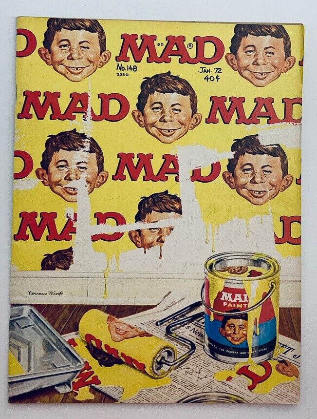 Cover of Mad Magazine January 1972 No. 148 featuring Alfred E. Neuman with whimsical illustrations and a bright yellow background, depicting a paint theme with a paint can and splashes, showcasing the humor and culture of the early 70s.