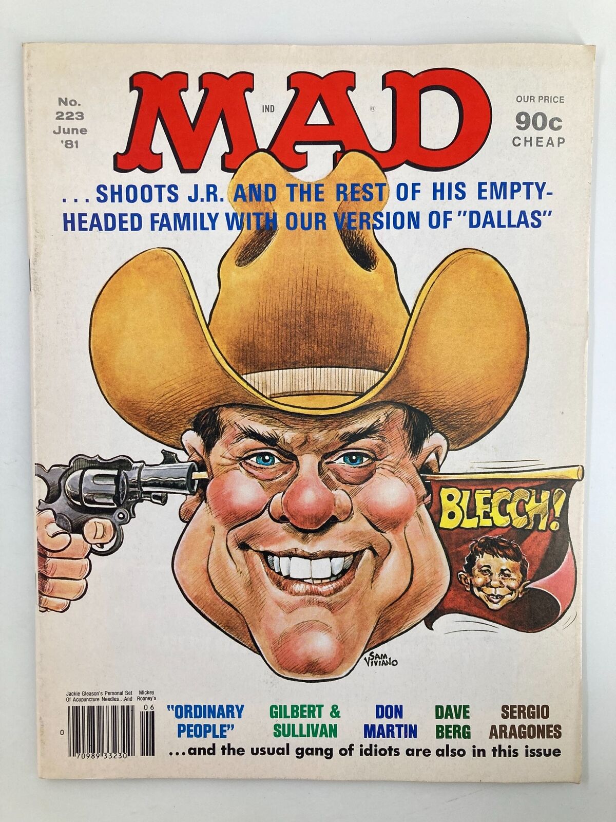 Cover of Mad Magazine June 1981 No. 223 featuring a humorous portrayal of a cowboy with a gun, referencing the iconic storyline 'Shoots J.R. in Dallas.' The magazine is a vintage collectible from the early 80s, showcasing satirical art and witty commentary typical of Mad Magazine.