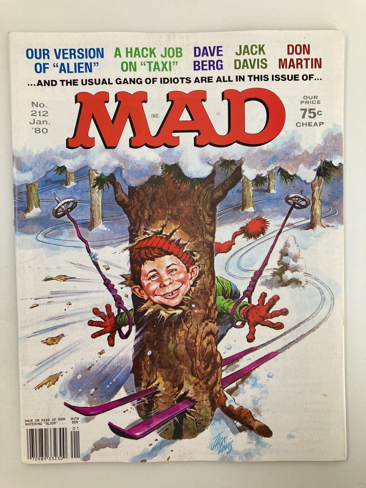 Cover of Mad Magazine January 1980 No. 212 titled 'A Hack Job on Taxi', featuring an illustration of a boy in a tree trunk skiing with bright colors, showcasing vintage pop culture humor.