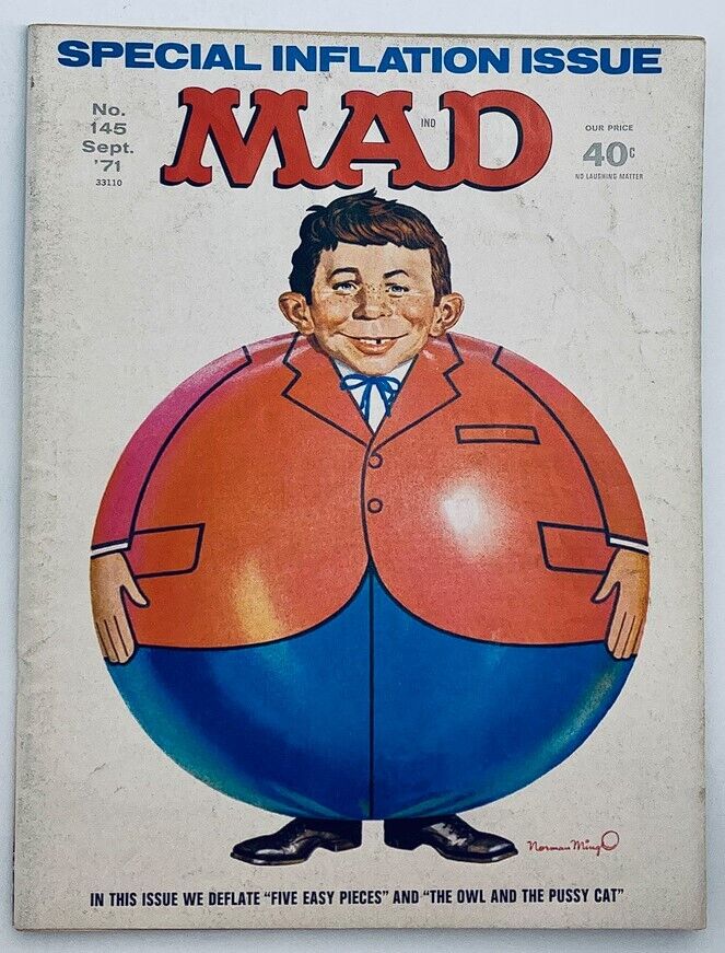 Cover of Mad Magazine September 1971 Issue No. 145 featuring the 'Deflate 5 Easy Pieces' theme with a cartoon character in a large, inflated suit, showcasing vintage humor and iconic pop culture from the 1970s.