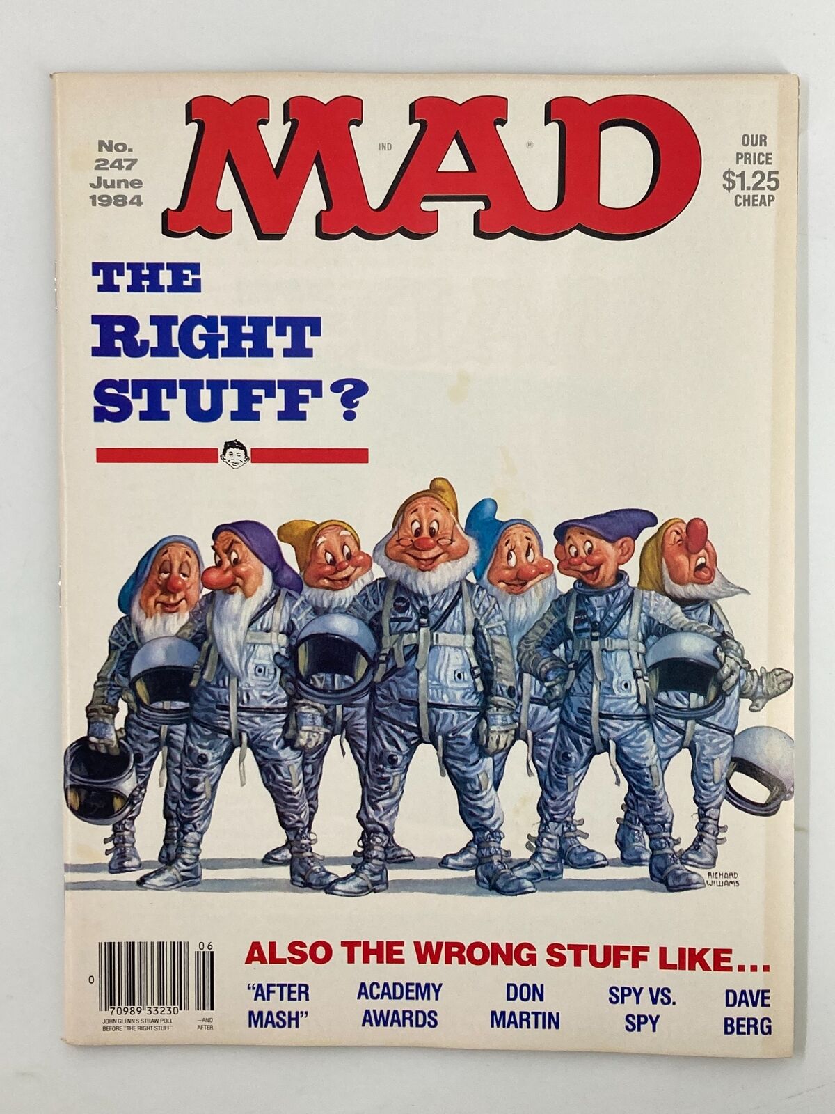 Cover of Mad Magazine June 1984 No. 247 featuring satirical illustration of the Seven Dwarfs in space suits with the headline 'The Right Stuff?'. This vintage magazine captures the humor of the era and is a collectible item for enthusiasts.