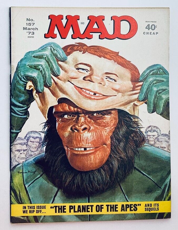 Mad Magazine March 1973 No. 157 featuring 'The Planet of the Apes' cover artwork, showcasing a humorous interpretation with a character holding a mask, highlighting the vintage comic's blend of science fiction and satire.