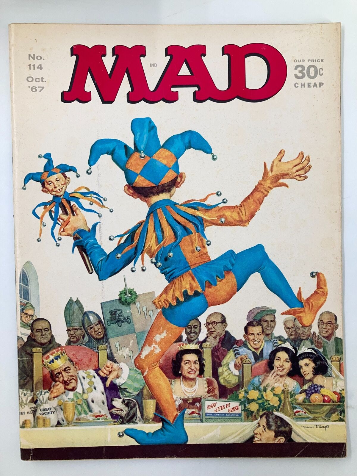 Mad Magazine October 1967 No. 114 cover featuring a jester character, capturing the whimsical and satirical spirit of the classic humor magazine.