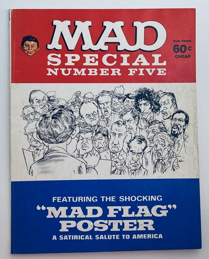Cover of Mad Super Special Magazine No. 5 from 1971, featuring a vibrant illustration and a satirical salute to America with a 'Mad Flag' poster.