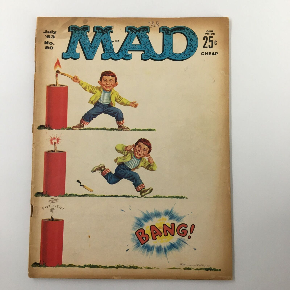 Cover of Mad Magazine July 1963 titled 'The 1 2 3 Bang! Run Issue' featuring a whimsical cartoon illustration of a boy with a playful expression, alongside vibrant red firecrackers and the word 'BANG!' in comic style, representing the magazine's signature humor and vintage comic art.