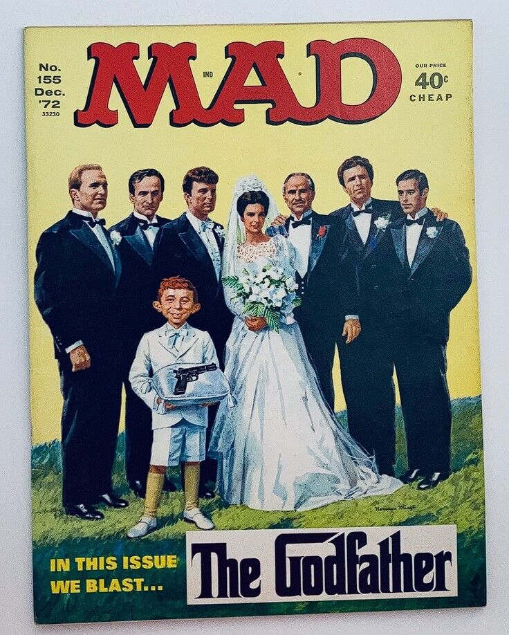 Cover of Mad Magazine December 1972 No. 155 featuring a humorous portrayal of characters from The Godfather, showcasing the magazine's take on pop culture and satire.