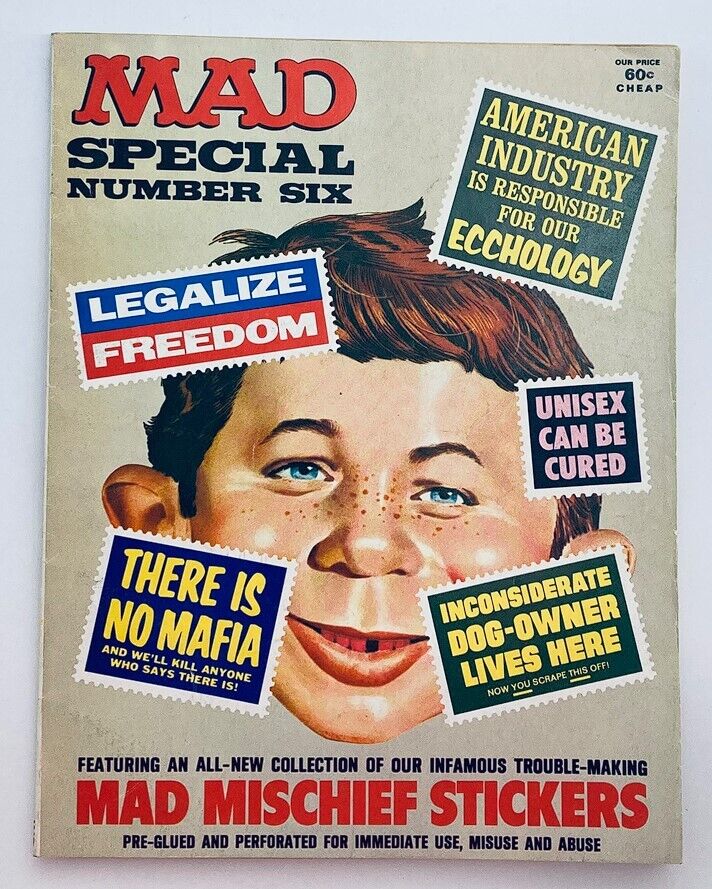 Cover of Mad Super Special Magazine No. 6 1971 featuring headlines like 'Legalize Freedom' and 'There is No Mafia'. Vibrant illustration with a playful character and humorous sticker-like ads.