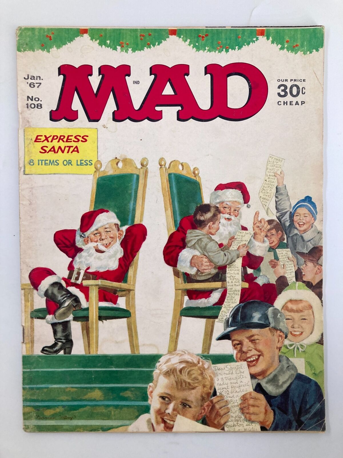 Cover of Mad Magazine January 1967 No. 108 featuring Express Santa, depicting Santa Claus with children on a whimsical scene. Ideal for vintage magazine collectors.