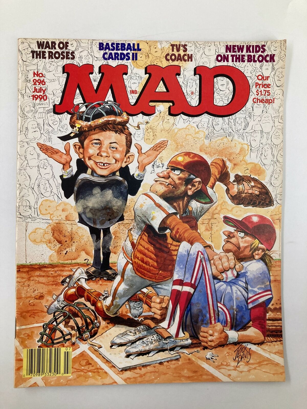 Cover of Mad Magazine No. 296 from July 1990 featuring baseball humor illustrated by Jack Davis, showcasing caricatures of a baseball scene with a playful twist.
