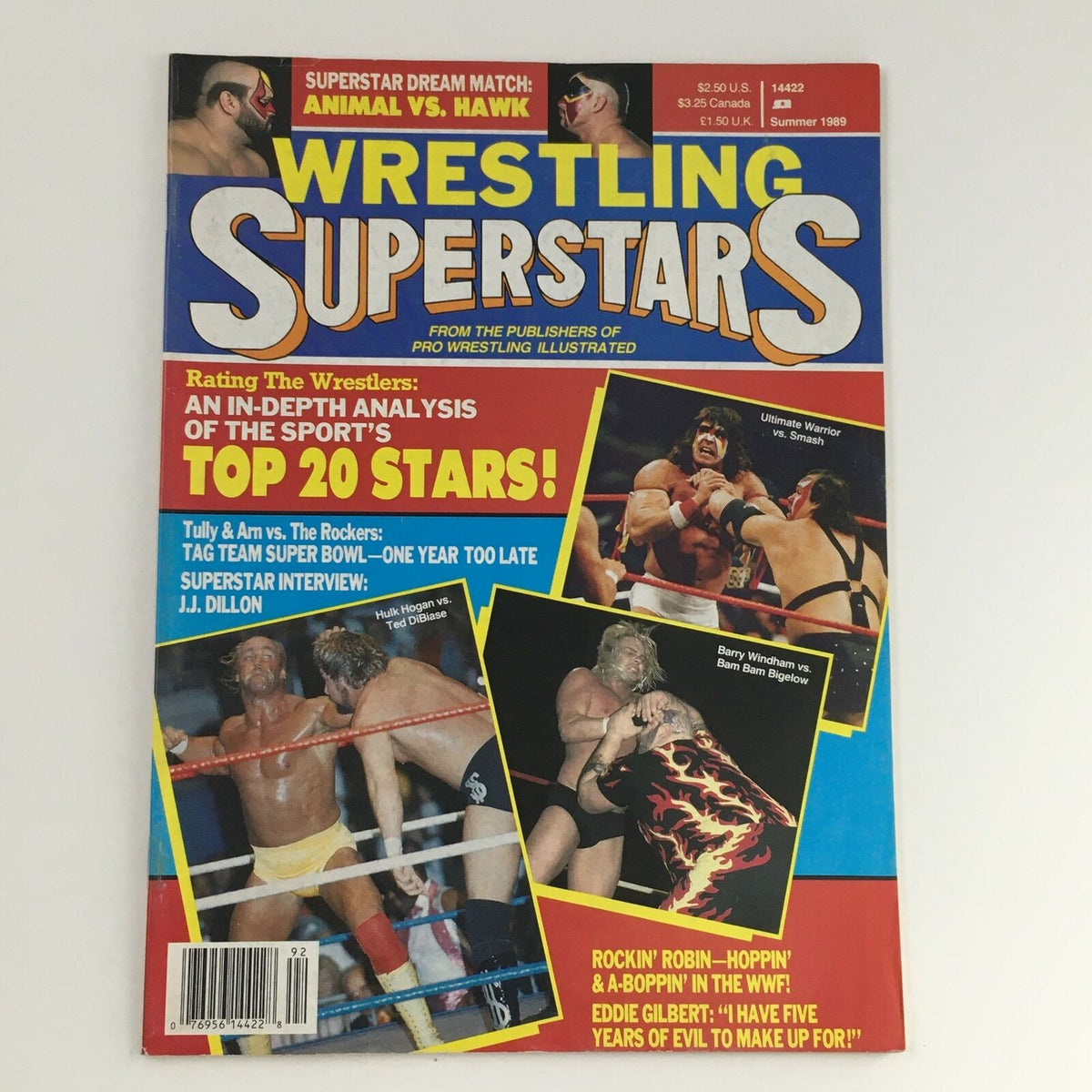 Cover of Wrestling Superstars Magazine Summer 1989 featuring Hulk Hogan vs Ted DiBiase, showcasing wrestling highlights and a colorful design.