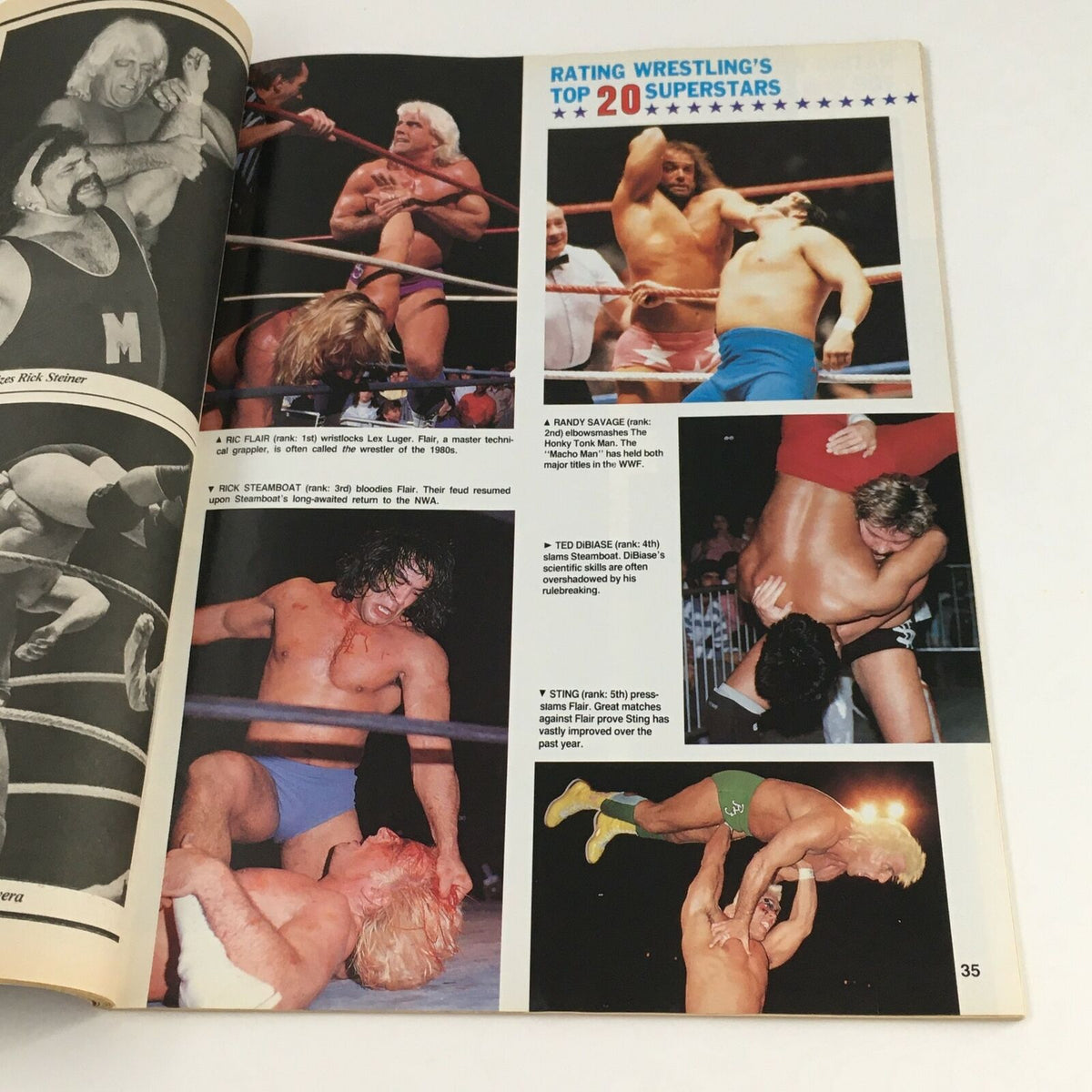 Inside page showing a collage of wrestling matches from Wrestling Superstars Magazine Summer 1989, featuring top wrestlers like Ric Flair, Ted DiBiase, and Randy Savage.
