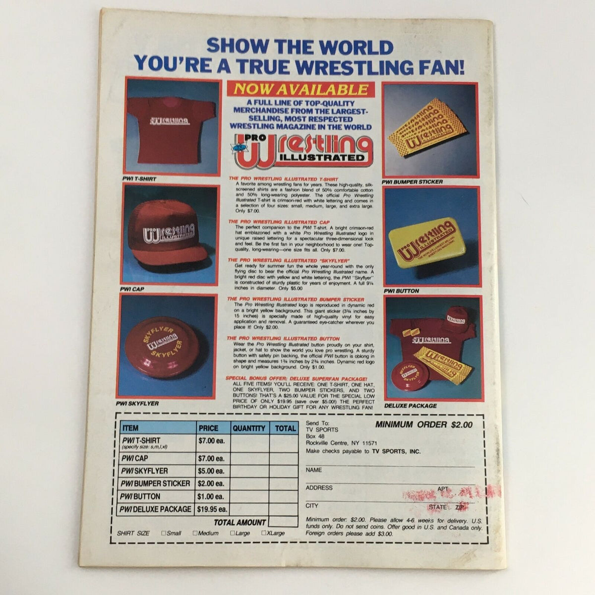 Back cover of Wrestling Superstars Magazine Summer 1989 showcasing merchandise available from the Pro Wrestling Illustrated, including t-shirts, caps, and buttons.
