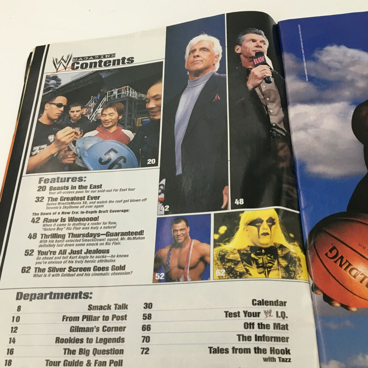 Table of contents from WWE Magazine June 2002, highlighting features and articles related to wrestling, including The Rock and Hulk Hogan.