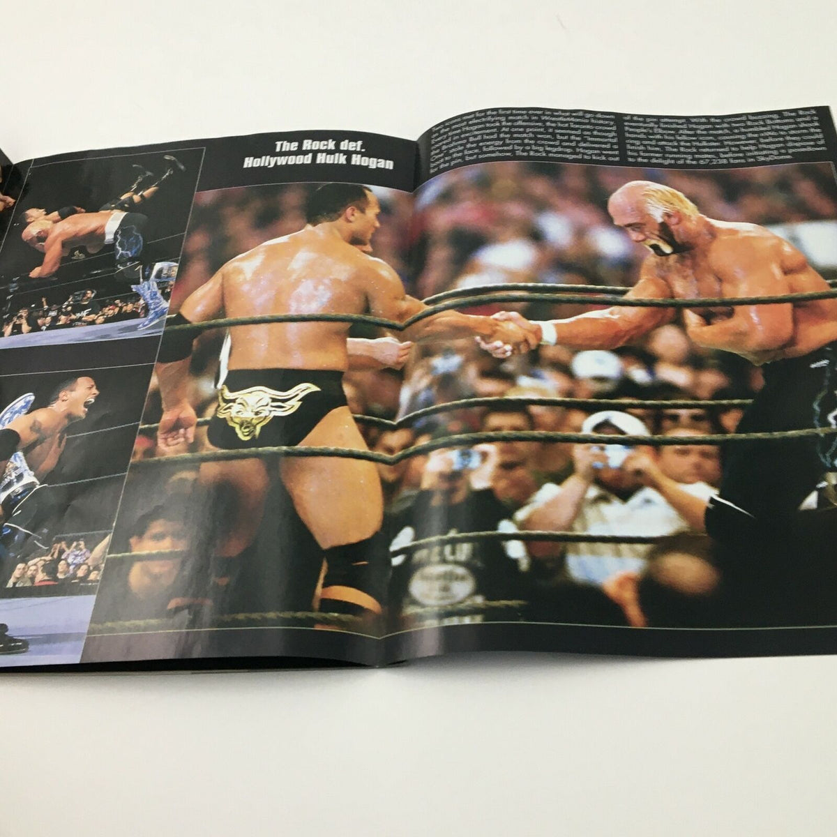 Internal page from WWE Magazine June 2002 showcasing The Rock defeating Hollywood Hulk Hogan at WrestleMania X8.