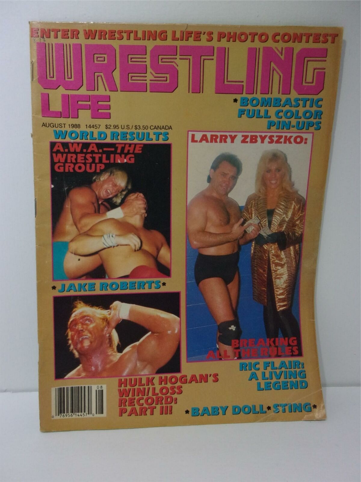 Wrestling Life Magazine August 1988 cover featuring Larry Zbyszko, A.W.A results, and notable wrestlers like Jake Roberts, Hulk Hogan, and Ric Flair. A must-have for wrestling fans and collectors.