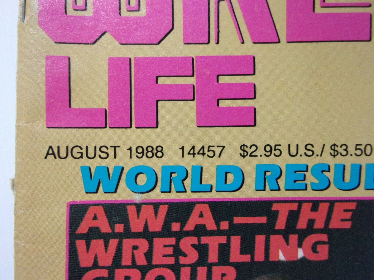 Cover of Wrestling Life Magazine: August 1988 featuring title, issue number, and pricing details, showcasing Larry Zbyszko from the A.W.A.
