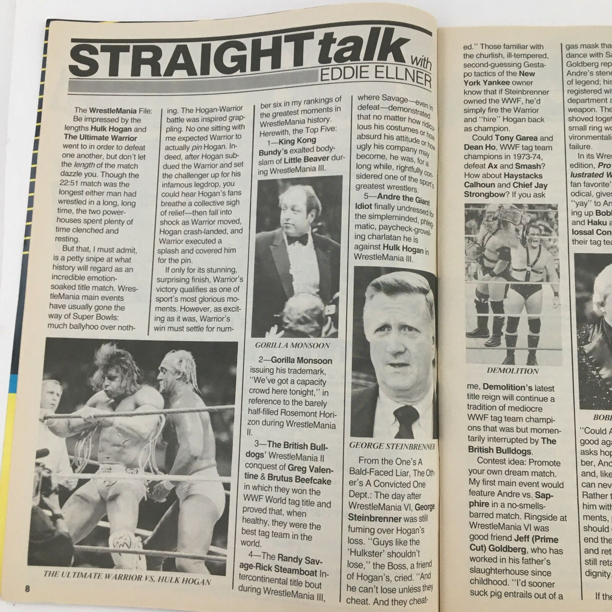 Feature article titled 'Straight Talk' in the Sports Review Wrestling Magazine July 1990 discussing Hulk Hogan and the Ultimate Warrior.