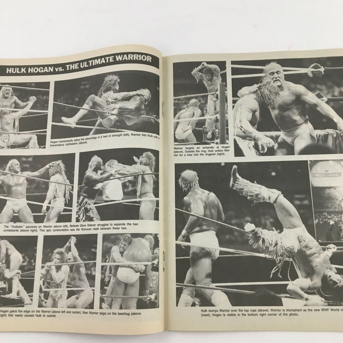 Dramatic images of the wrestling match between Hulk Hogan and the Ultimate Warrior featured in Sports Review Wrestling Magazine July 1990.