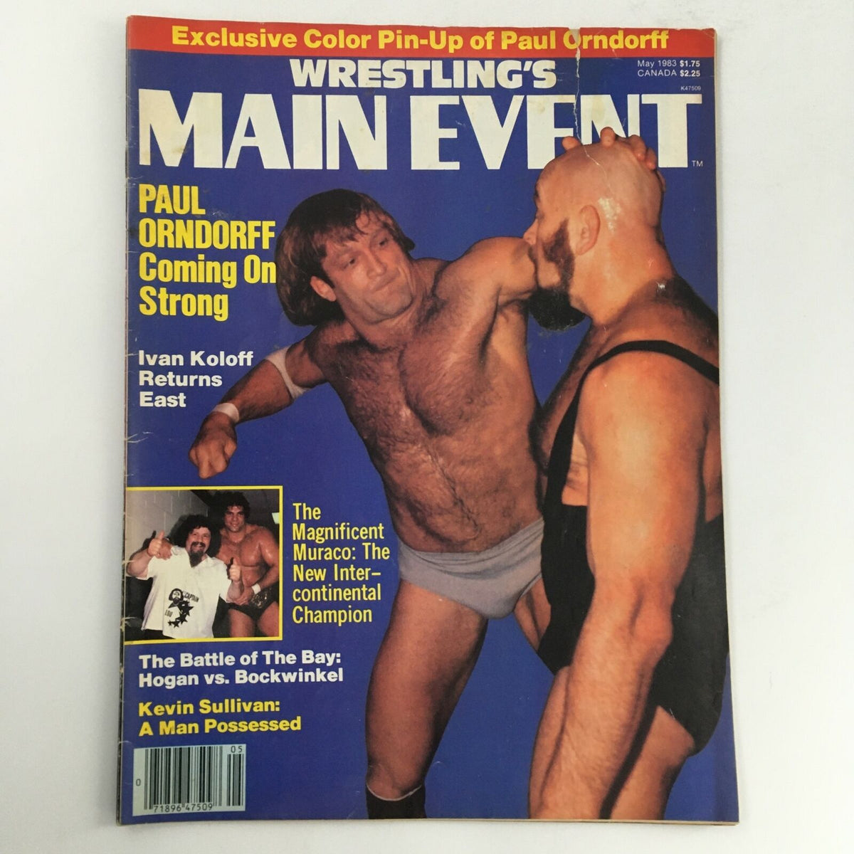 Wrestling's Main Event Magazine May 1983 cover featuring Paul Orndorrff and Ivan Koloff in action, highlighting wrestling culture of the 1980s.
