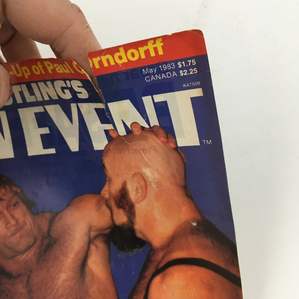 Close-up of the May 1983 Wrestling's Main Event Magazine cover revealing damage at the top, featuring Paul Orndorrff and Ivan Koloff.