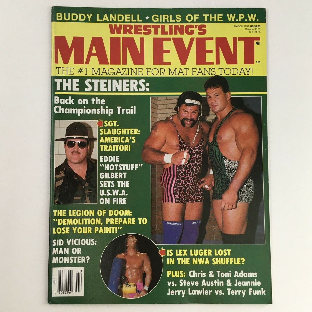 Cover of Wrestling's Main Event Magazine March 1991 featuring The Steiners, showcasing images and articles about professional wrestling, including a feature on Sgt. Slaughter and the Legion of Doom.