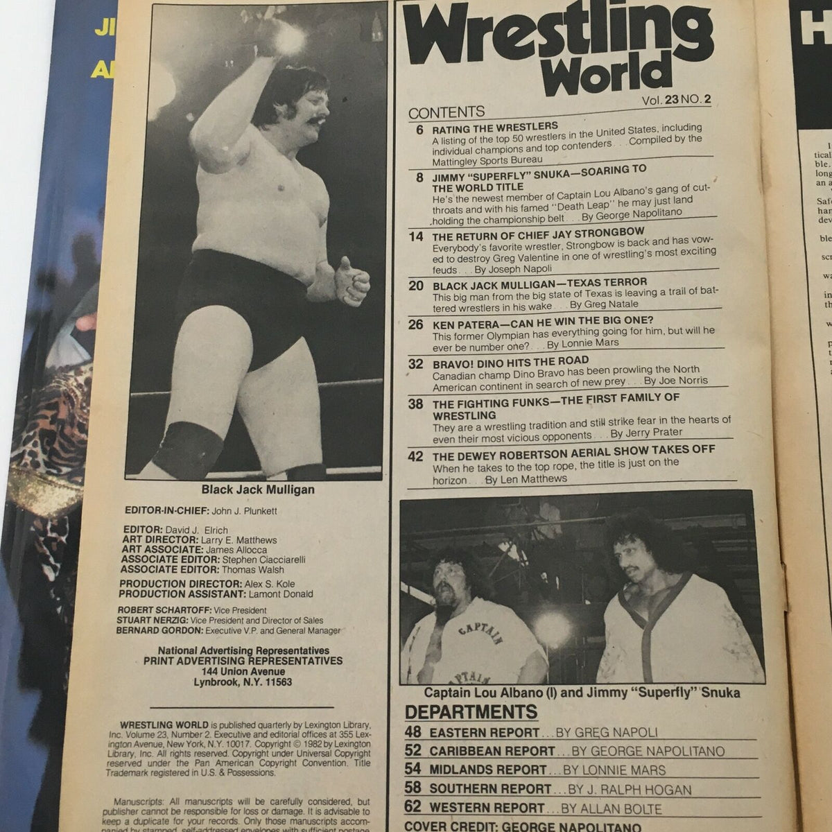 Interior of Wrestling World Magazine Summer 1982 displaying an article about Black Jack Mulligan with a notable image of him in action.