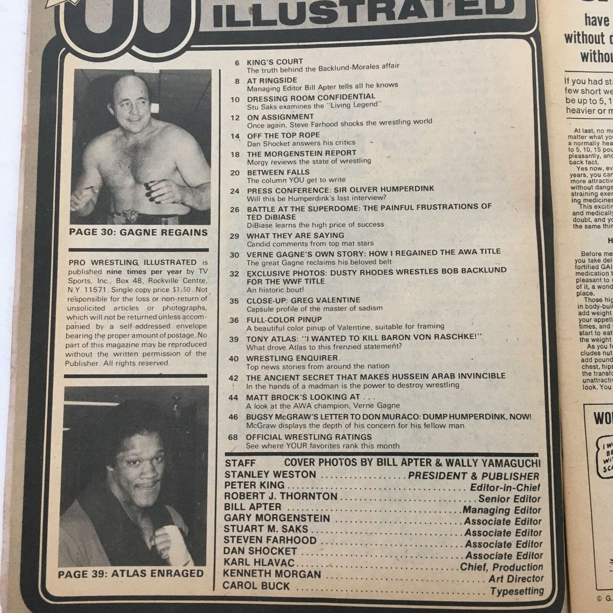 Inside page of Pro Wrestling Illustrated Magazine December 1980 featuring wrestling content, including an article on Tony Atlas and various articles related to wrestling history.