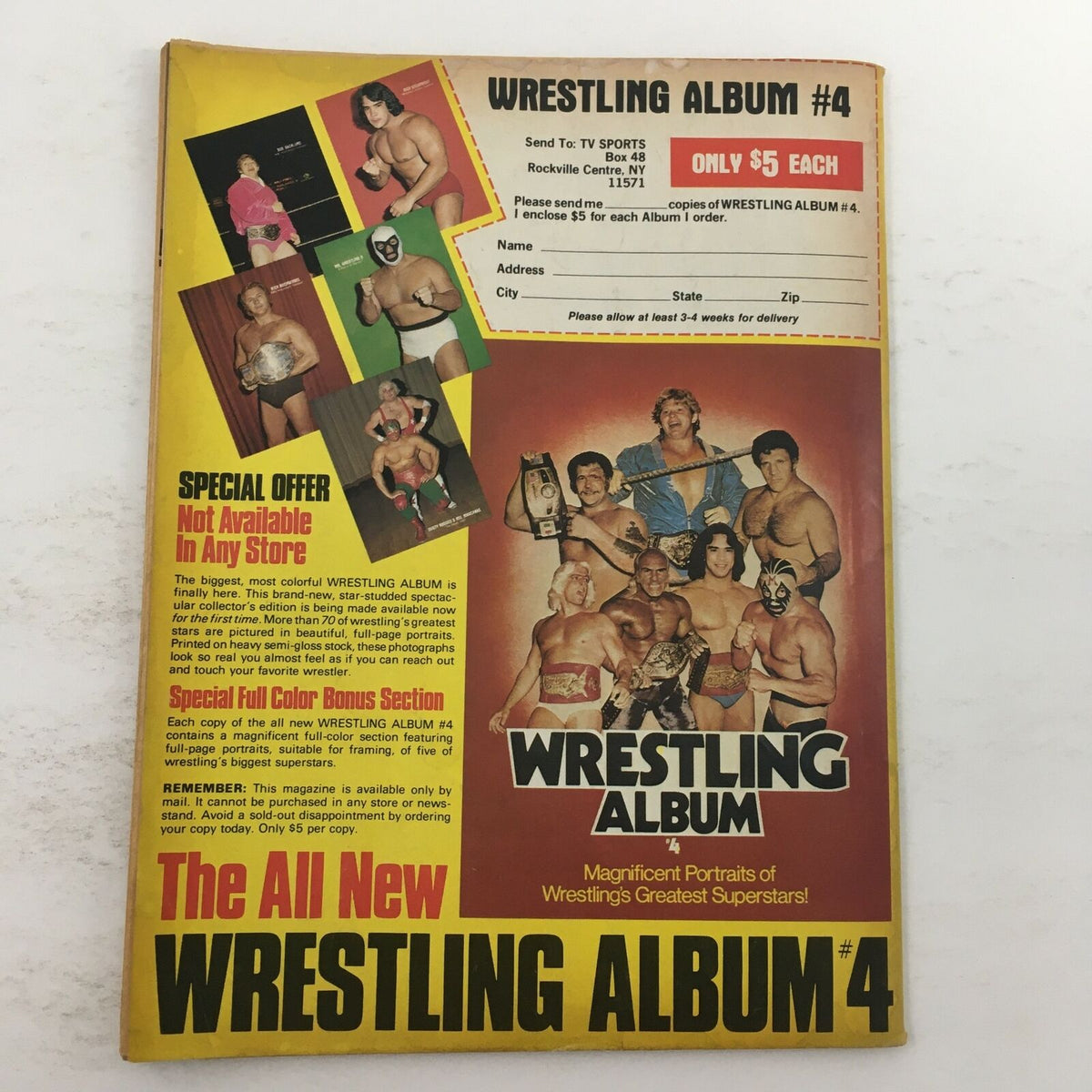 Back cover of Pro Wrestling Illustrated Magazine December 1980 showcasing Wrestling Album #4 advertisement with images of multiple wrestlers, promoting special offers.