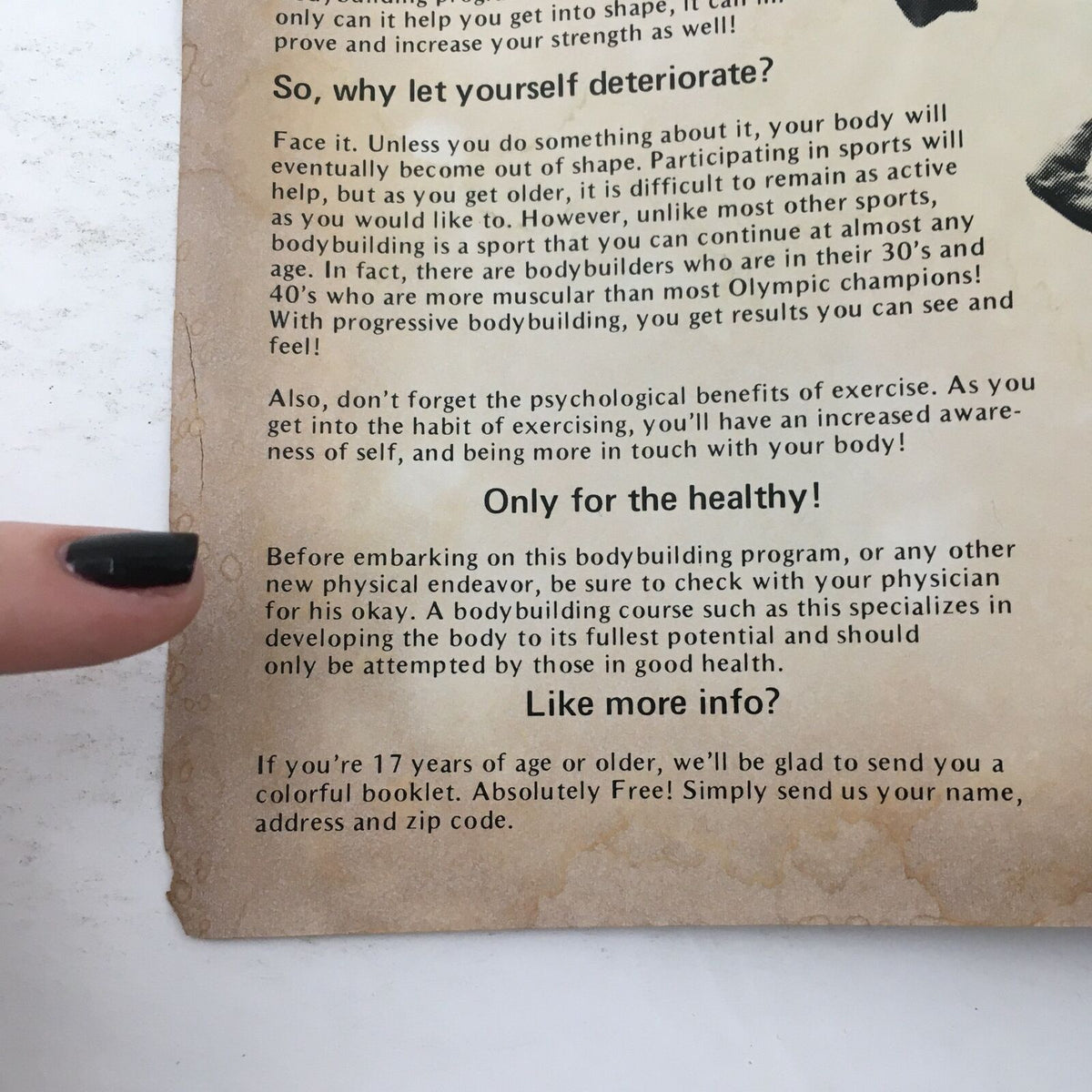 Text page discussing bodybuilding health tips from a bodybuilder's perspective, emphasizing physical fitness and exercise benefits.