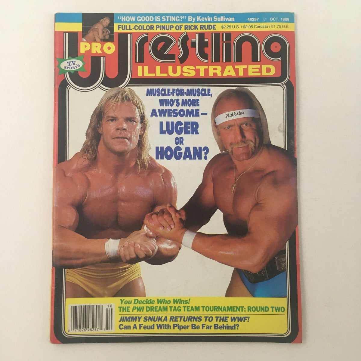 Cover of Pro Wrestling Illustrated Magazine October 1989 featuring Lex Luger and Hulk Hogan in a muscular comparison, emphasizing the rivalry between the two wrestling icons.