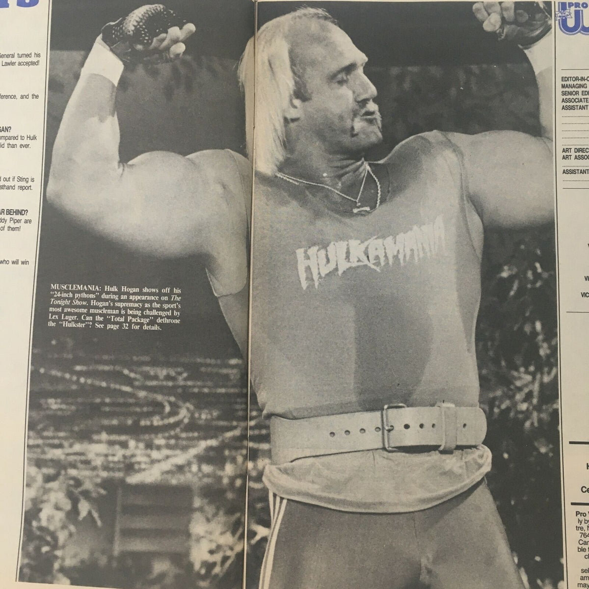 Muscle Mania feature inside Pro Wrestling Illustrated Magazine October 1989 showcasing Hulk Hogan flexing in a promotional image.