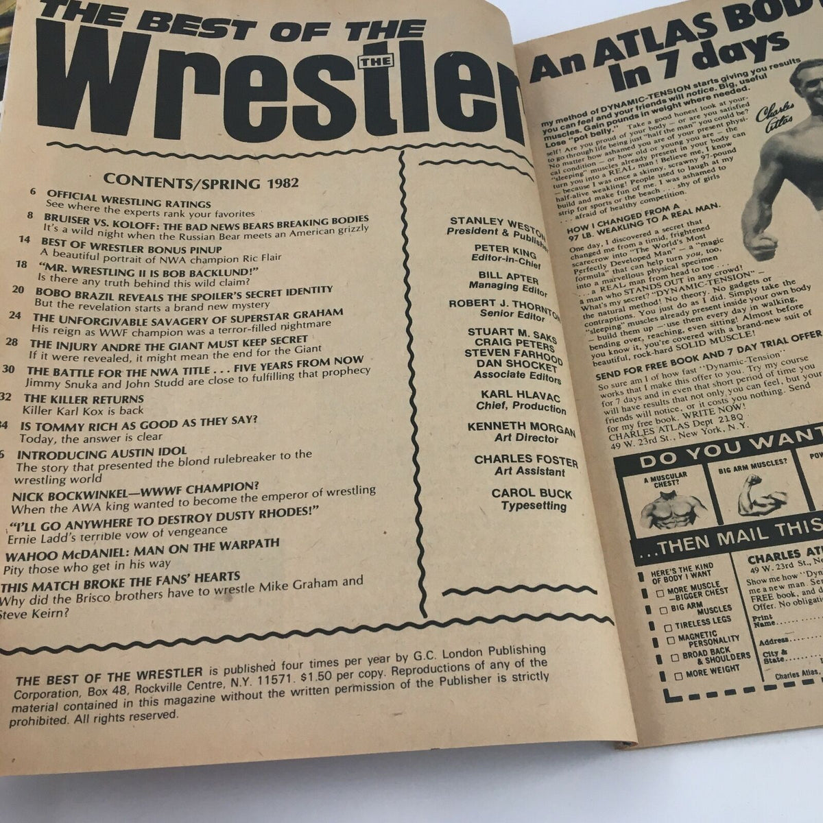Inside page of 'The Best of The Wrestler Spring 1982' showing the table of contents, listing features including Tommy Rich and Bobo Brazil.