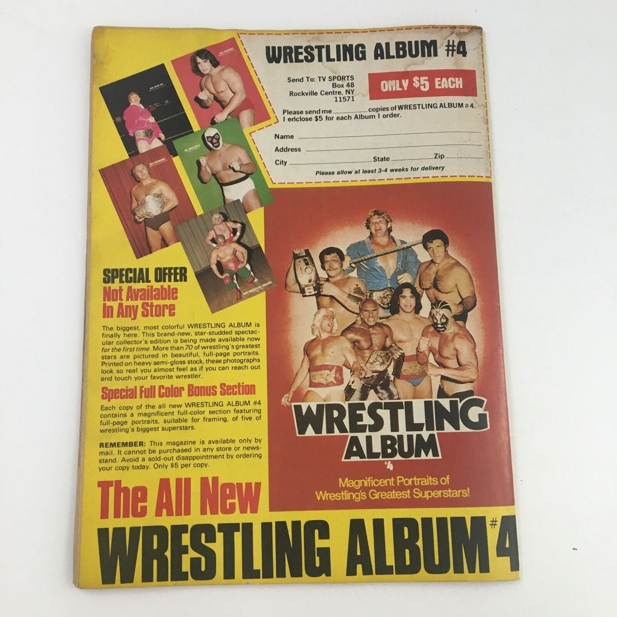 Cover of 'Wrestling Album #4' featuring portraits of wrestling's greatest superstars. The magazine includes an offer not available in stores and highlights a special full-color bonus section showcasing notable wrestlers. Experience a glimpse into classic wrestling memorabilia with this unique collectible.