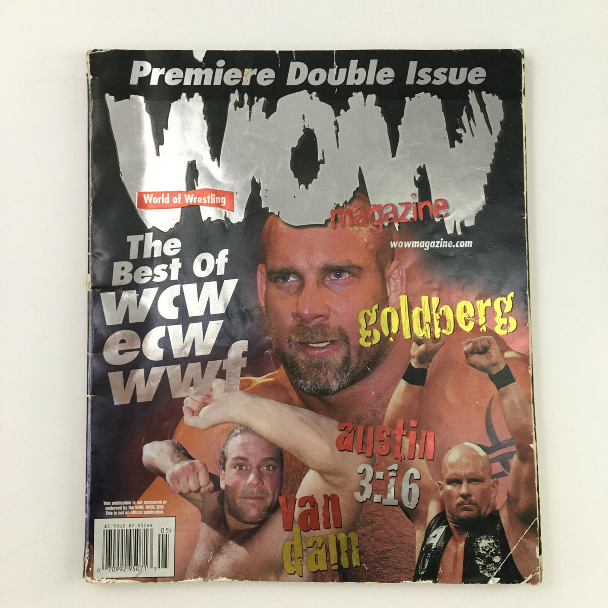 WWF World of Wrestling Magazine May 1999 featuring Bill Goldberg on the cover, showcasing a bold title and images of other wrestling stars.