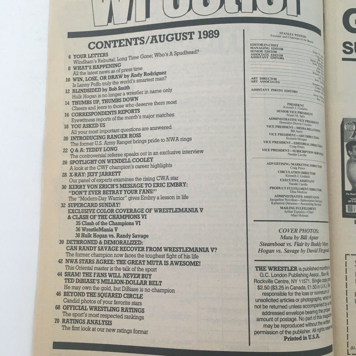 Table of contents page from The Wrestler Magazine August 1989, detailing articles and features including Hulk Hogan vs. Randy Savage.